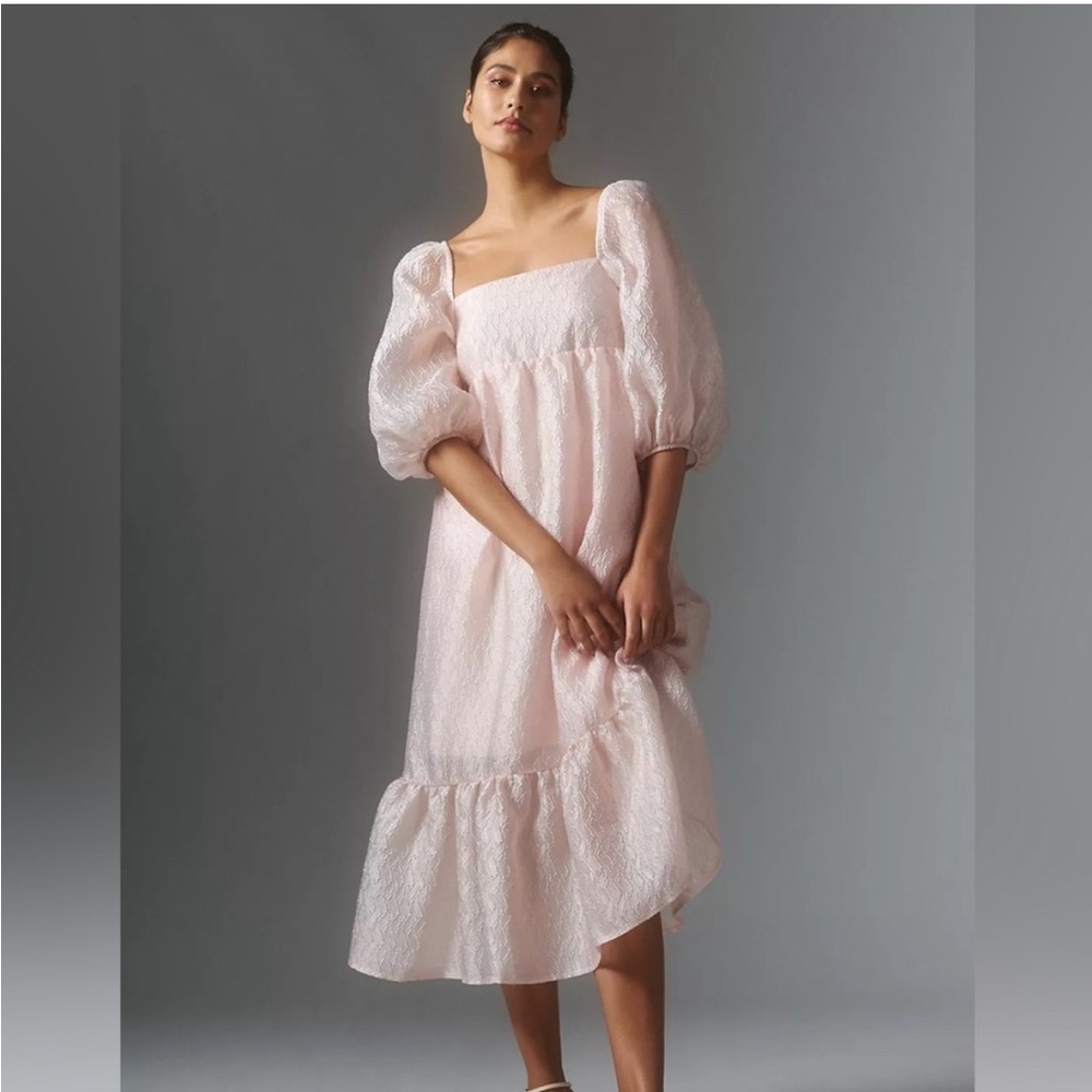 Anthropologie Pink Tiered Ruffled Midi Dress Textured